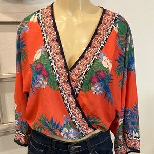 Flying Tomato Tropical Floral Wrap Blouse - Orange and Green
